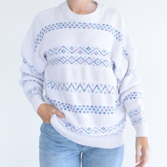 Vintage Parkhurst White Blue Eclectic Grandma Crewneck Sweater Fairy Kie L - Picture 1 of 11